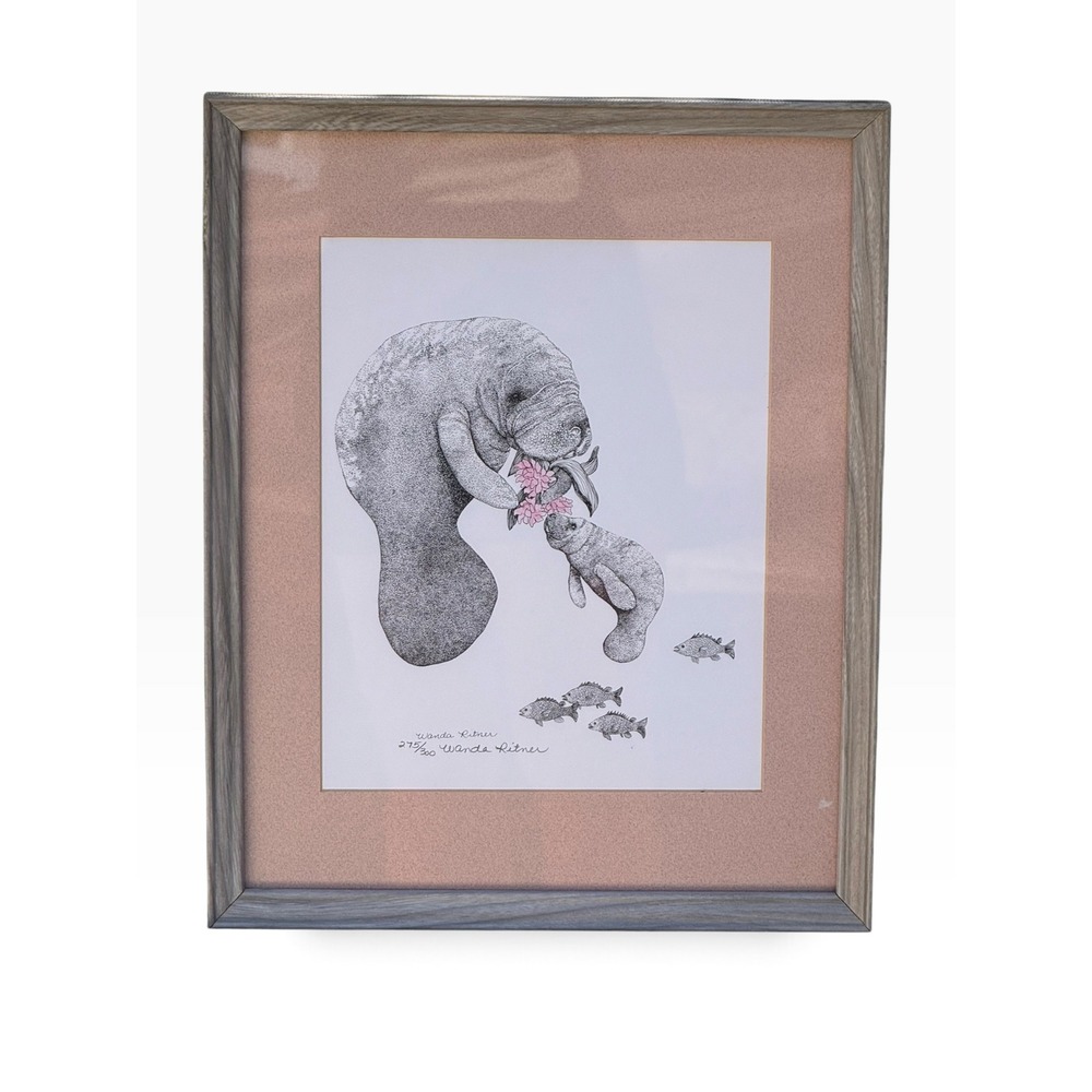 Wanda Ritner Signed Lithograph – Framed Manatee & Calf Art Print Limited Edition